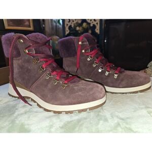 Bionica Diablo All Weather Suede Hiking Boots Plum Burgundy Faux Fur Trim Women